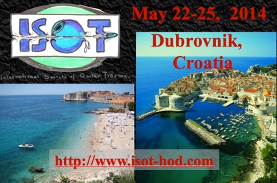Plakat des ISOT-Kongresses vom 22. bis 25. Mai 2014 in Dubrovnik, Kroatien, mit ISOT-Logo, Strand und Altstadt von Dubrovnik